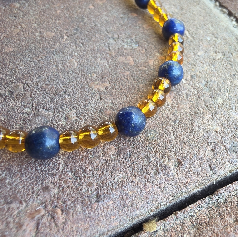 Handmade Lapis Lazuli and Amber Beaded Bracelet